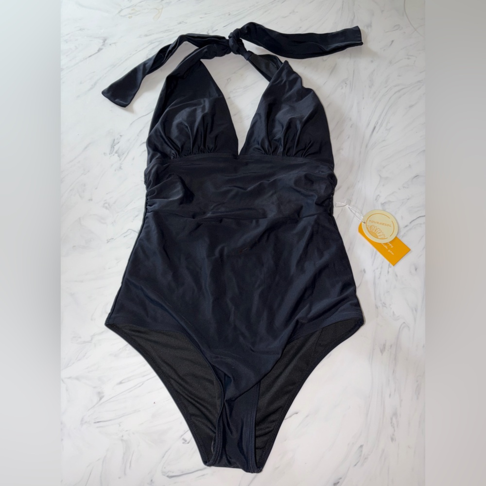 Tournesol one piece solid black halter tie bathing suit swim m new nwt